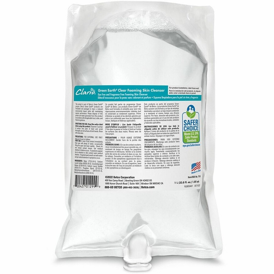 Betco Clario Green Earth Clear Foaming Skin Cleanser Refills - Fragrance-free Scent - 1.06 quart - Skin - Clear - Dye-free, Fragrance-free - 6 / Carton 