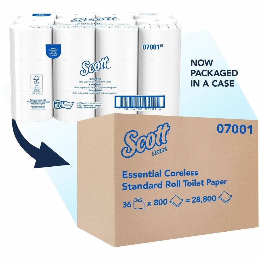 Scott Essential Extra Soft Coreless Standard Roll Bathroom Tissue - 3.94' Width x 4' Length - 800 Sheets/Roll - White - Fiber Paper, Cotton - 1 Carton 