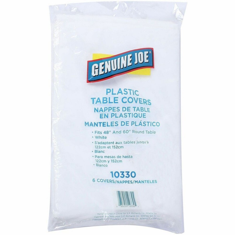 Genuine Joe Plastic Round Tablecovers - 84' Diameter - Plastic - White - 6/Pack - 4 / Carton 