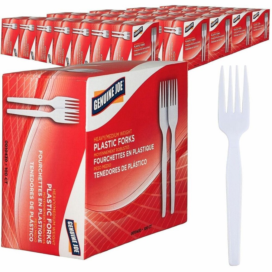 Genuine Joe Medium-Heavyweight Plastic Forks - Disposable - White - 100/Box - 40 / Carton 