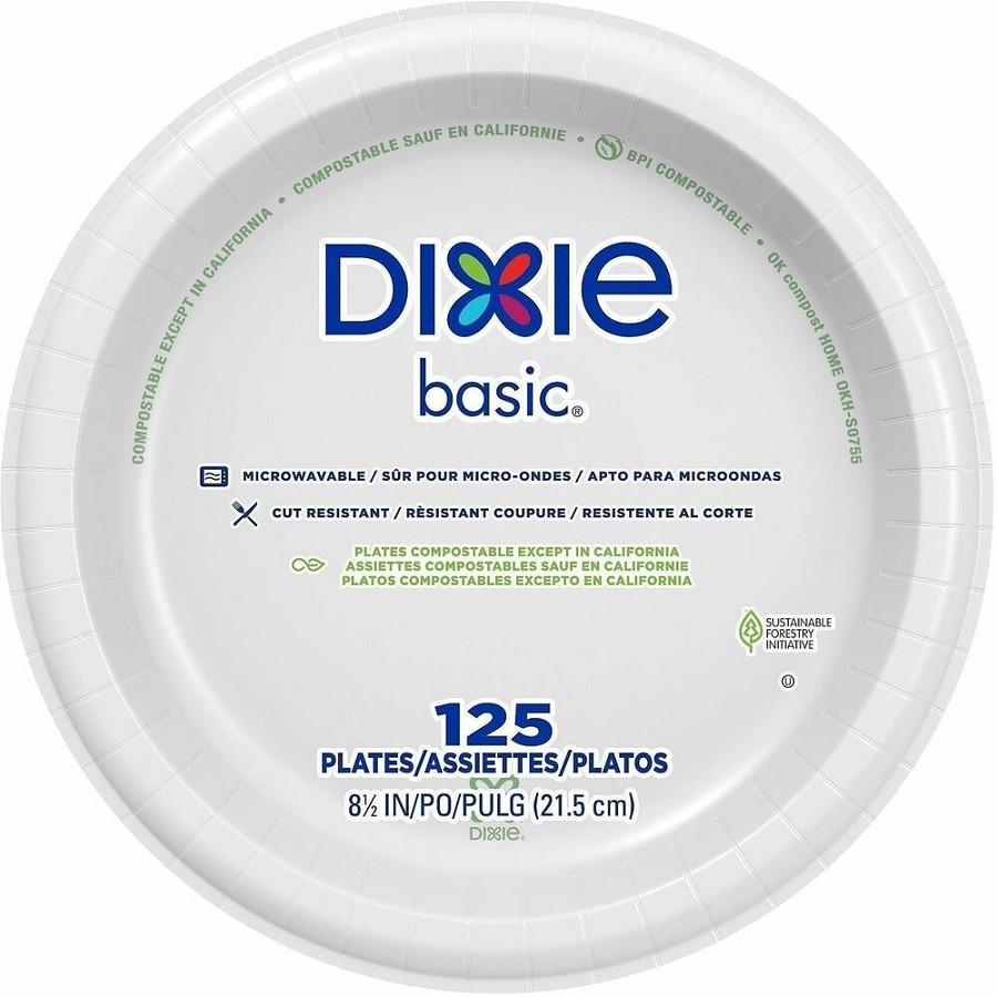 Dixie Basic 8-1/2' Lightweight Paper Plates by GP Pro - Microwave Safe - 8.5' Diameter - White - Paper Body - 125/Pack - 4 / Carton 