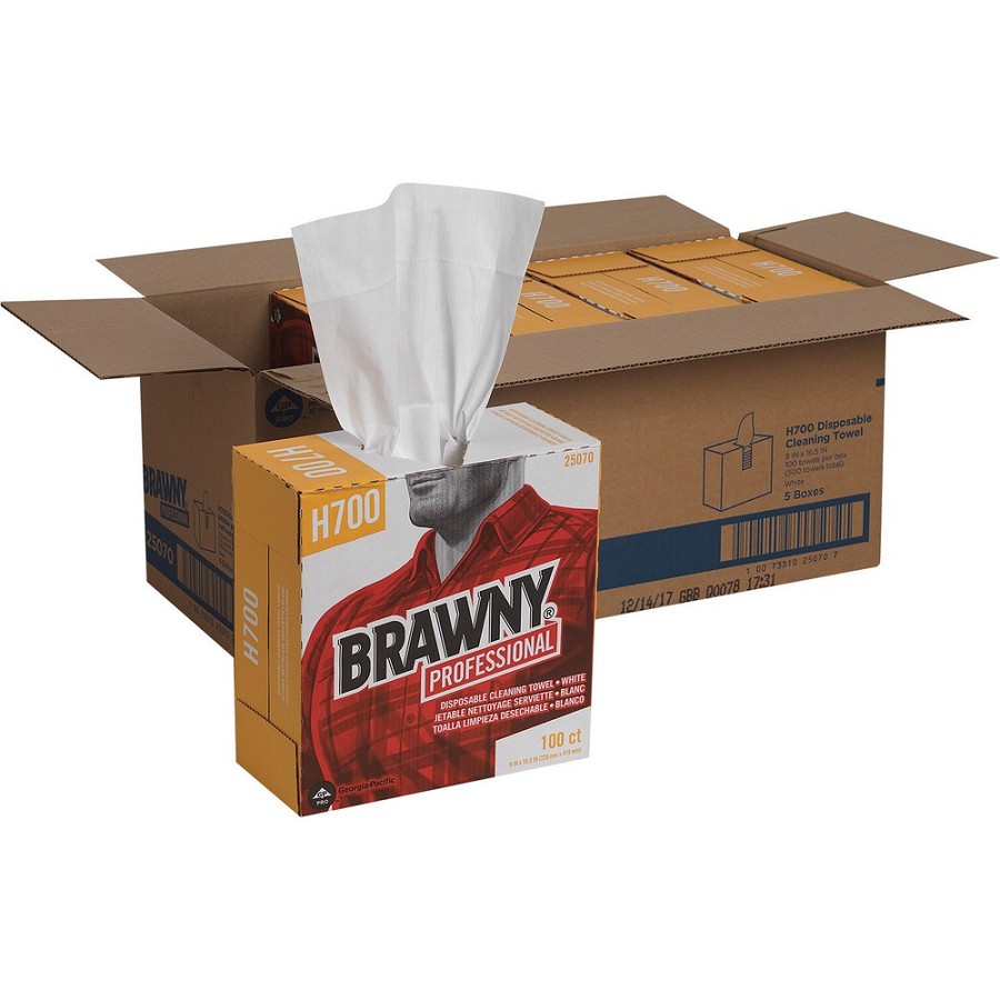 Brawny Professional H700 Disposable Cleaning Towels - 9.10' Width x 16.50' Length - White - Pulp Fiber - 100/Box - 5 / Carton 