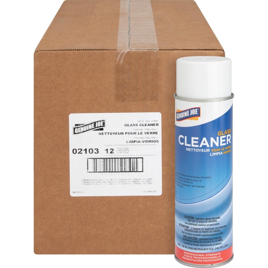 Genuine Joe Glass Cleaner Aerosol - For Multi Surface - Ready-To-Use - 19 oz (1.19 lb) - Recommended For: Grease Remover, Grime Remover, Smoke Film Remover, Soil Remover - Non-streaking - White - 12 / Carton 