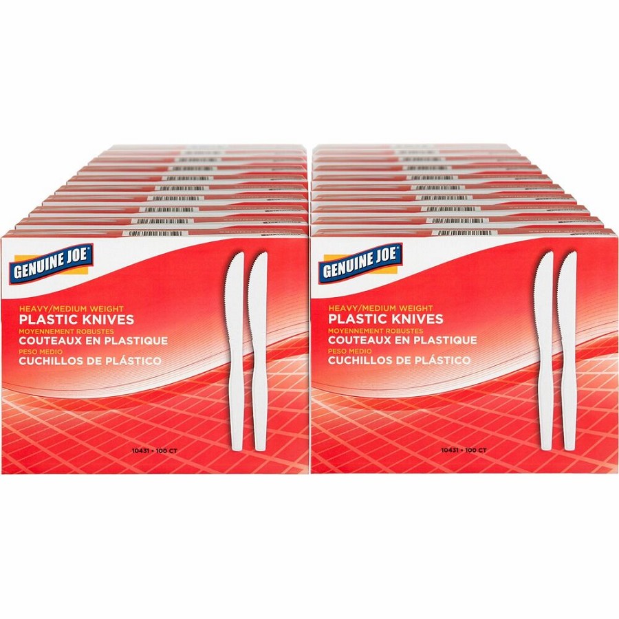 Genuine Joe Medium-Heavyweight Plastic Knives - Disposable - Polystyrene - White - 100/Box - 40 / Carton 