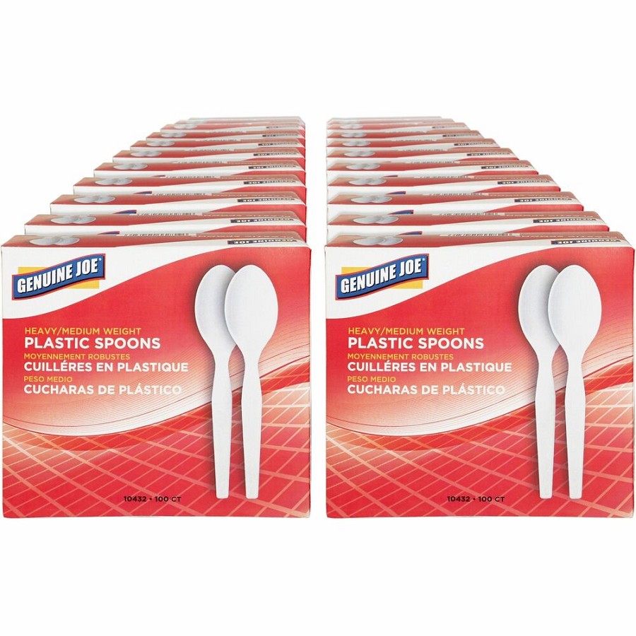 Genuine Joe Medium-Heavyweight Plastic Spoons - Disposable - White - 100/Box - 40 / Carton 