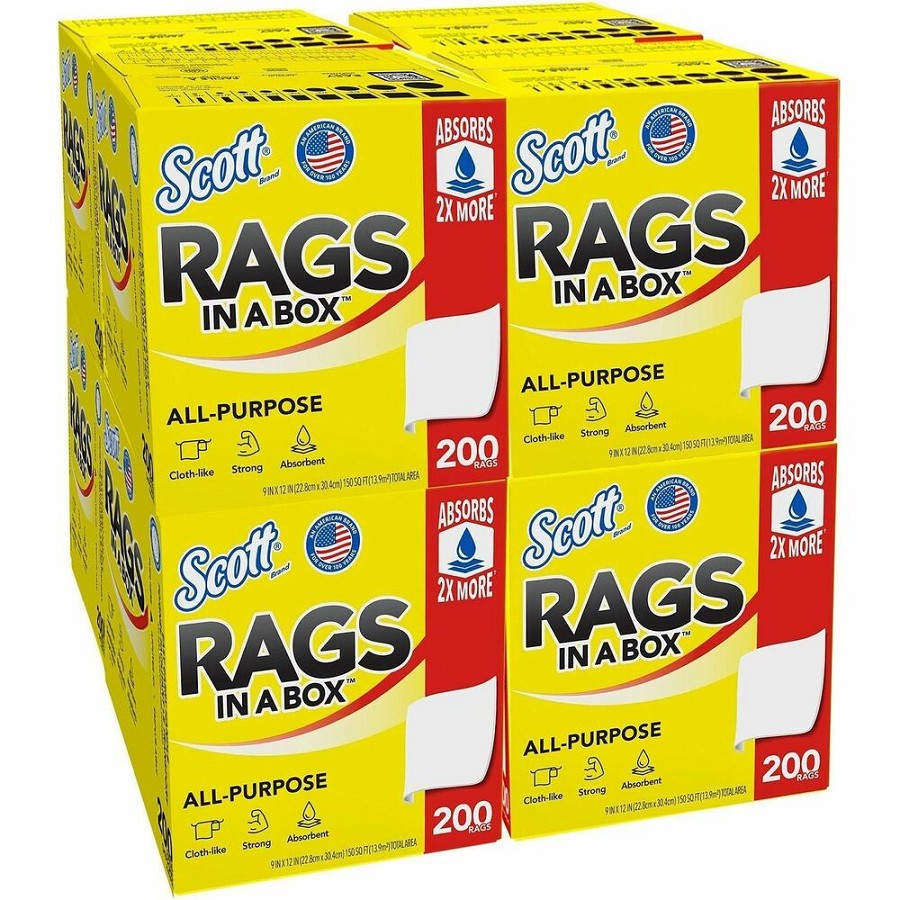 Scott Rags In A Box  - For Multipurpose - Wipe - 13' Length x 10' Width - Recommended For: Paint Remover, Spill Remover, Stain Remover - Soft, Strong, Lint-free, Absorbent - White - 200/Box - 8 / Carton 