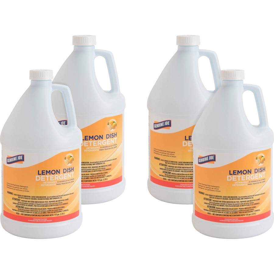 Genuine Joe Lemon Dish Detergent Gallon - For Multipurpose - 128 fl oz (4 quart) - Lemon Scent - Recommended For: Grease Remover - Film-free - White - 4 / Carton 