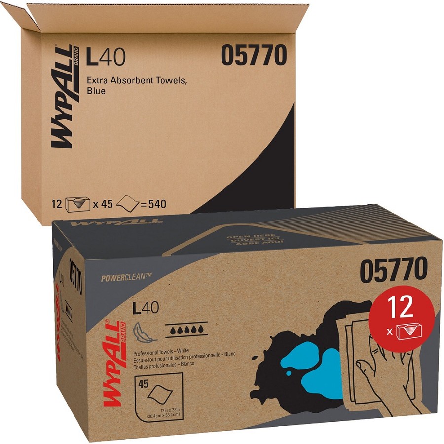 Wypall Power Clean L40 Extra Absorbent Towels - 12' Width x 23' Length - White - 45/Box - 1 Carton 