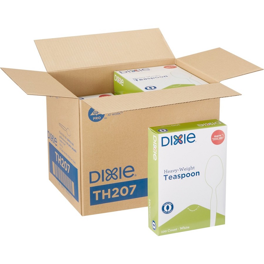 Dixie Heavyweight Disposable Teaspoons Grab-N-Go by GP Pro - Teaspoon - 1000 x Teaspoon - Polystyrene - White - 100/Box - 10 / Carton 