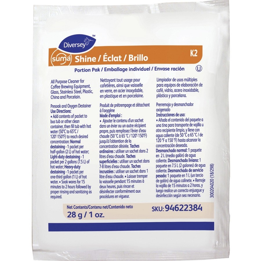 Suma Shine Portion Pak - For Utensil - 0.99 oz (0.06 lb) - Recommended For: Coffee Remover, Tea Remover, Cocoa Remover, Milk Remover - Fragrance-free - White - 100 / Carton 