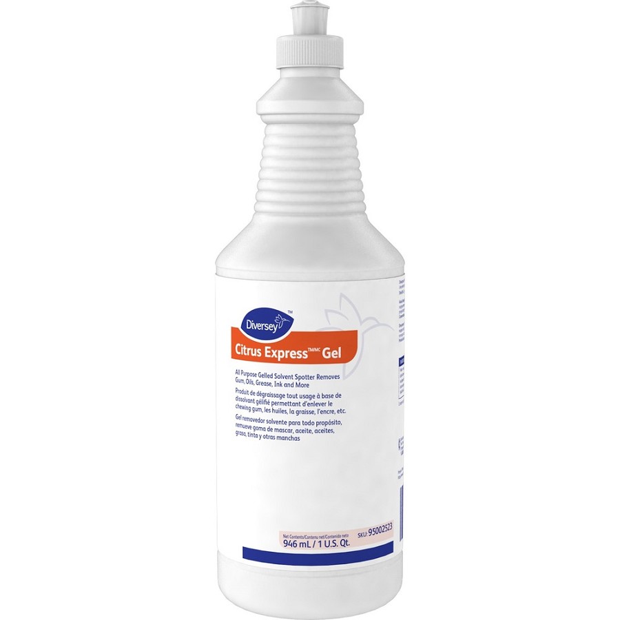 Diversey Citrus Express Gel Solvent Spotter - For Carpet - 32 fl oz (1 quart) - Citrus Scent - Recommended For: Spot Remover, Gum Remover, Adhesive Remover, Tar Remover, Oil Remover, Grease Remover, Ink Remover - Pleasant Scent - White - 1 Each 