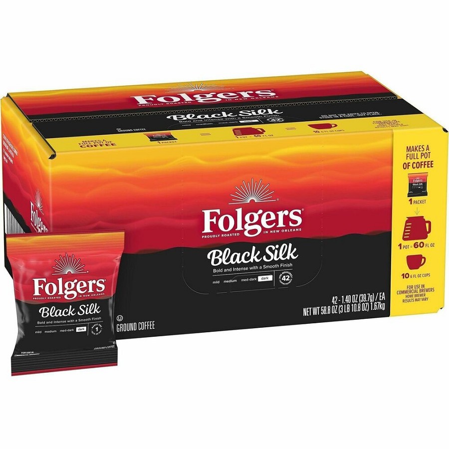 Folgers Fraction Pack Black Silk Coffee - Regular - Dark - 1.4 oz - Fraction Pack - Black Silk - 42 / Carton 