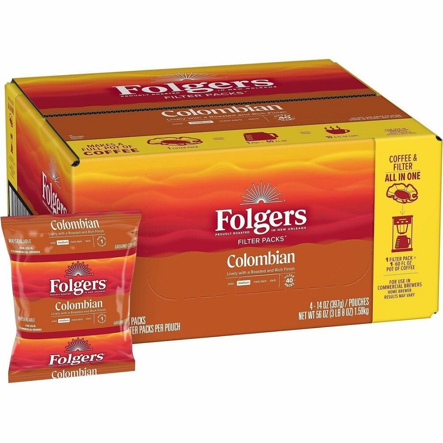 Folgers Filter Pack Colombian Coffee - Regular - Medium/Dark - 1.4 oz - Filter Pack - Colombian - 40 / Carton 