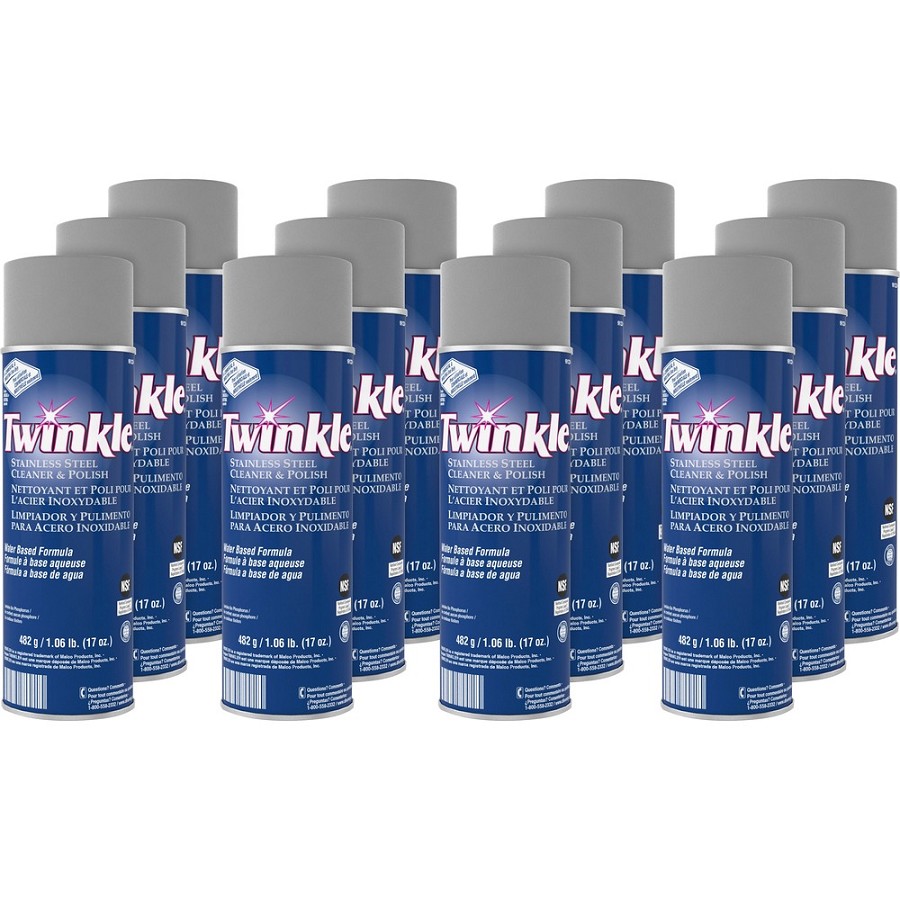 Twinkle Stainless Steel Cleaner/Polish - Ready-To-Use - 17 oz (1.06 lb) - Characteristic Scent - Film-free, Residue-free, Water Based, Lemon Scent, CFC-free - White - 12 / Carton 