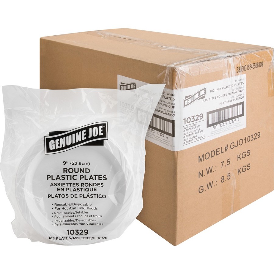 Genuine Joe 9' Reusable Plastic Plates - Serving - Disposable - 9' Diameter - White - Plastic Body - 125/Pack - 4 / Carton 