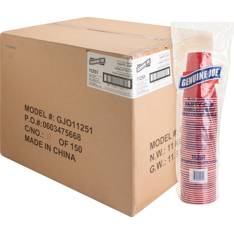 Genuine Joe 16 oz Party Cups - 16 fl oz - Red - Plastic - Party, Cold Drink, Beverage - 50/Pack - 20 / Carton 