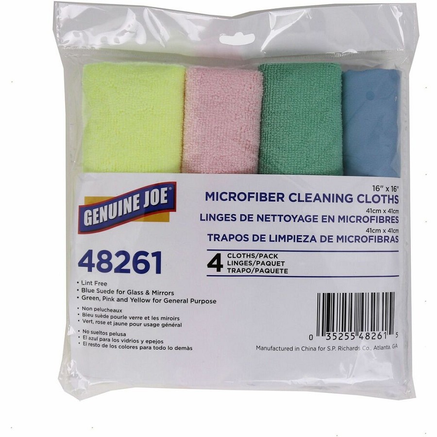 Genuine Joe Color-coded Microfiber Cleaning Cloths - 16' Width x 16' Length - Assorted - MicroFiber - 4/Pack - 9 / Carton 