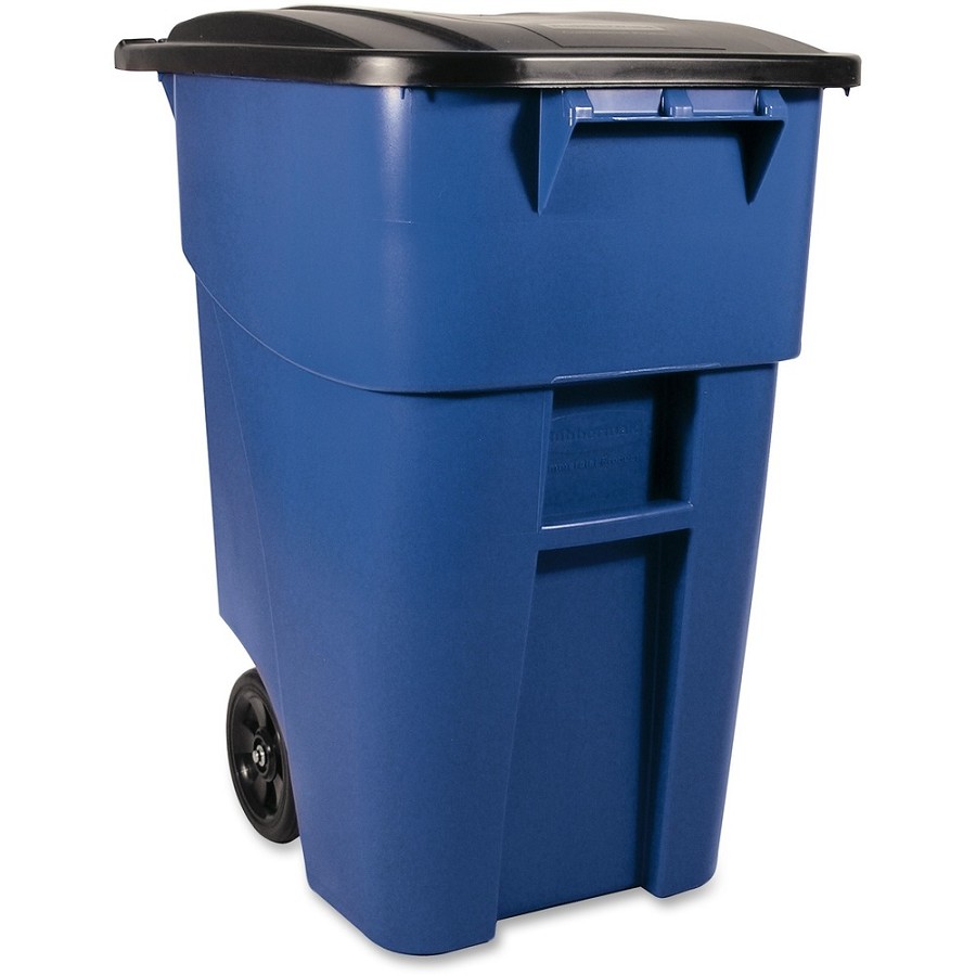 Rubbermaid Commercial Brute Rollout Container with Lid - Swing Lid - 50 gal Capacity - Mobility, Heavy Duty, Wheels, Lid Locked, Rounded Corner - Blue - 1 Each 
