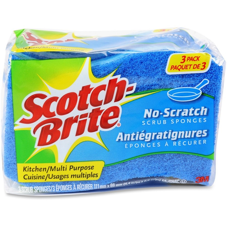 Scotch-Brite No Scratch Scrub Sponges - 2.8' Height x 4.5' Width x 4.5' Length x 590 mil Thickness - 3/Pack - 8 / Carton - Blue 