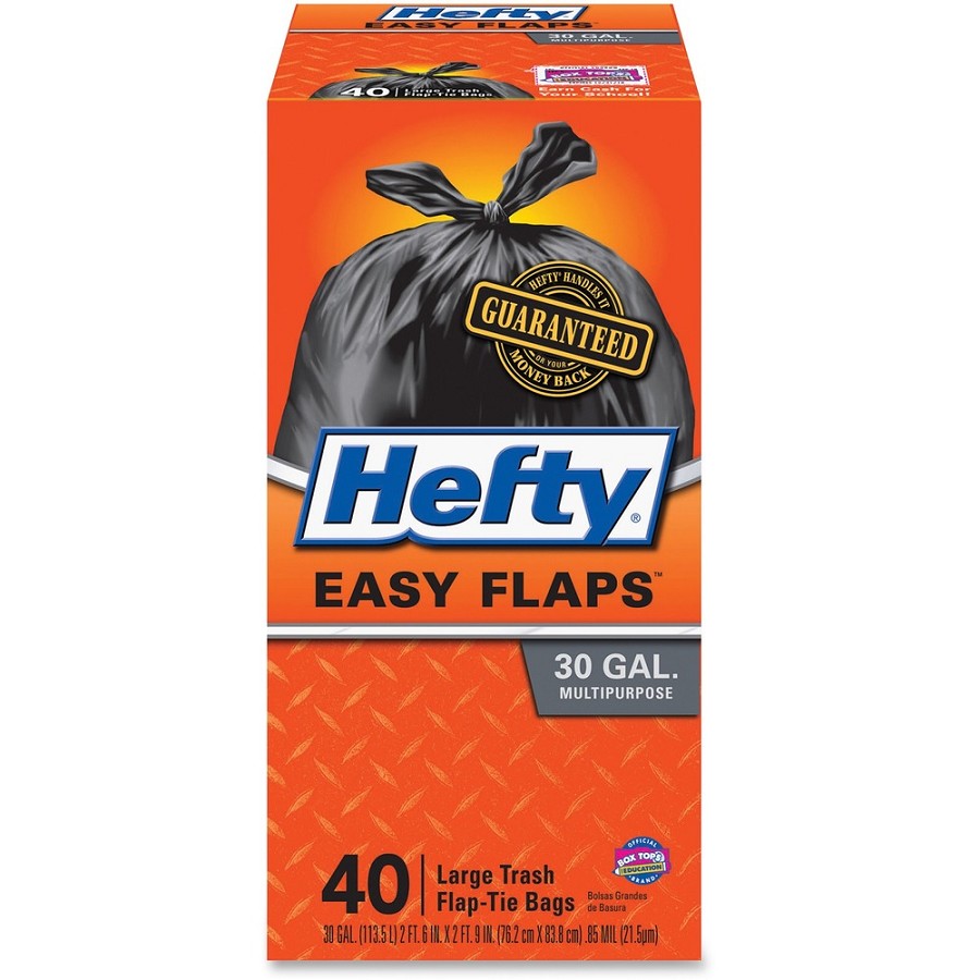 Hefty Easy Flaps 30-gallon Large Trash Bags - Large Size - 30 gal Capacity - 33' Length x 30' Width x 0.85 mil (22 Micron) Thickness - Drawstring Closure - Black - Can - Recycled - 40/Box - 6 / Carton 