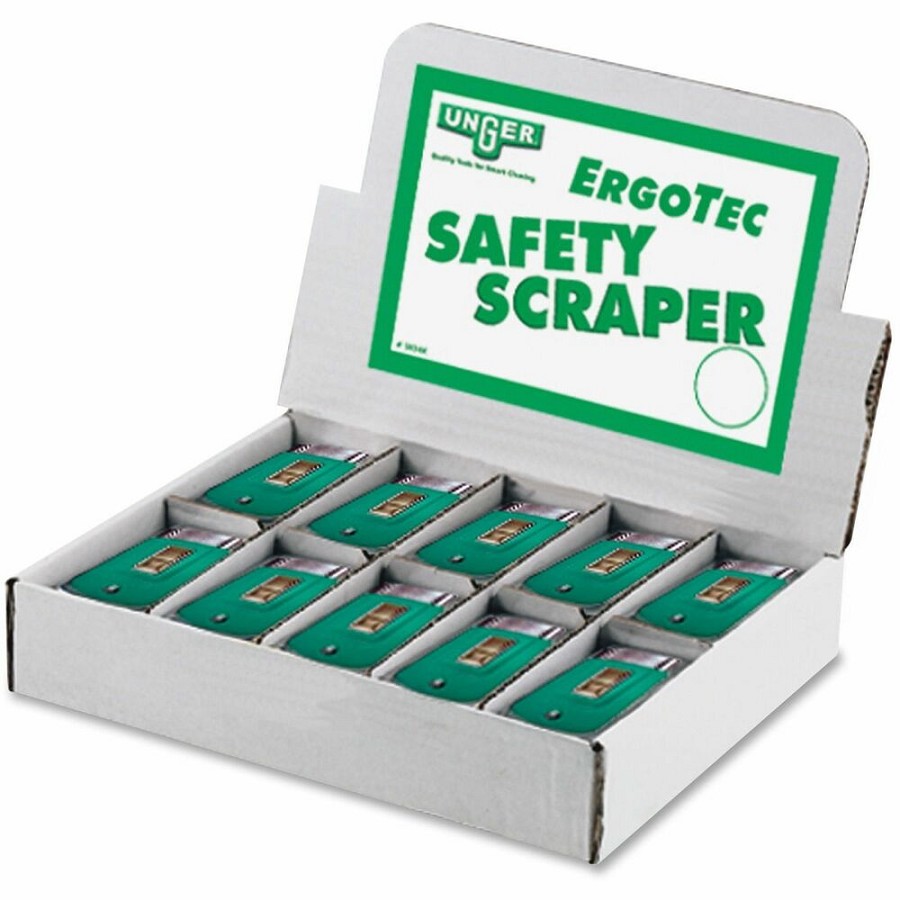 Unger Safety Scrapers - 1.50' Blade - Retractable, Safety Lock, Non-slip Grip - Green - 50 / Carton 