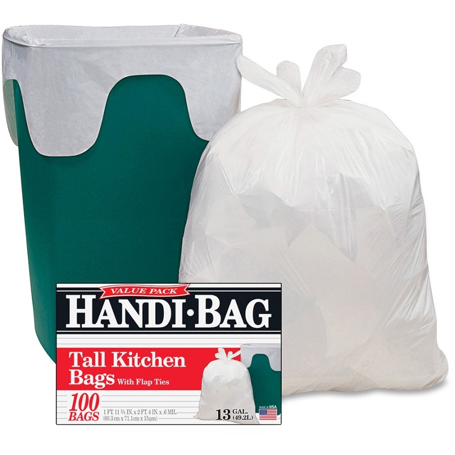 Berry Handi-Bag Flap Tie Tall Kitchen Bags - Small Size - 13 gal Capacity - 29' Length x 23.50' Width x 0.60 mil (15 Micron) Thickness - White - Hexene Resin - Home, Office, Kitchen - 100/Box - 6 / Carton 