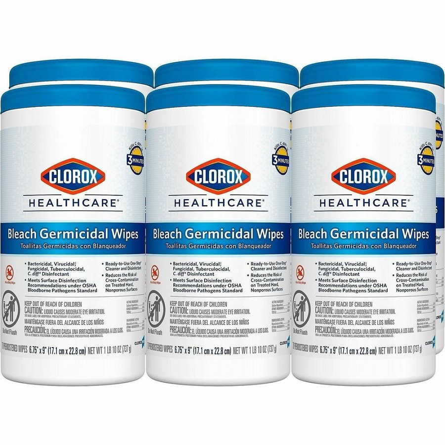 Clorox Healthcare Bleach Germicidal Wipes - Ready-To-Use - 9' Length x 6.75' Width - Disinfectant, Antimicrobial, Anti-corrosive, Unscented - White - 70/Tub - 6 / Carton 