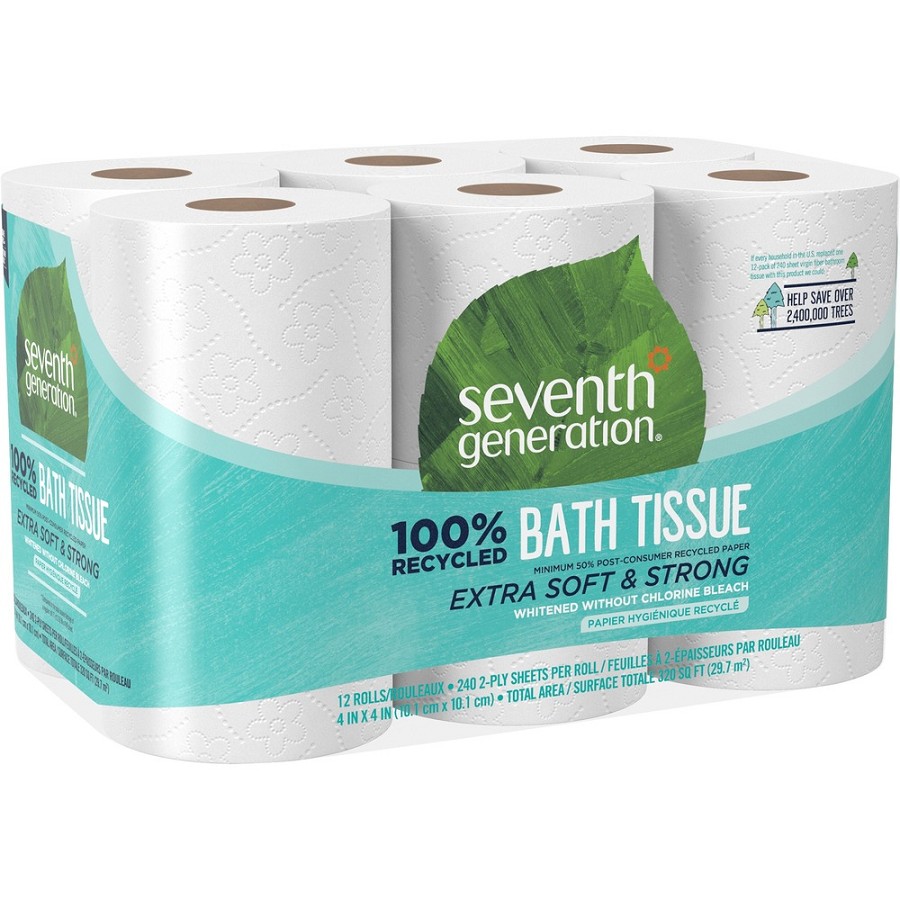 Seventh Generation 100% Recycled Bathroom Tissue - 2 Ply - 4' Width x 4' Length - 240 Sheets/Roll - White - Paper - 12 Pack - 4 / Carton 