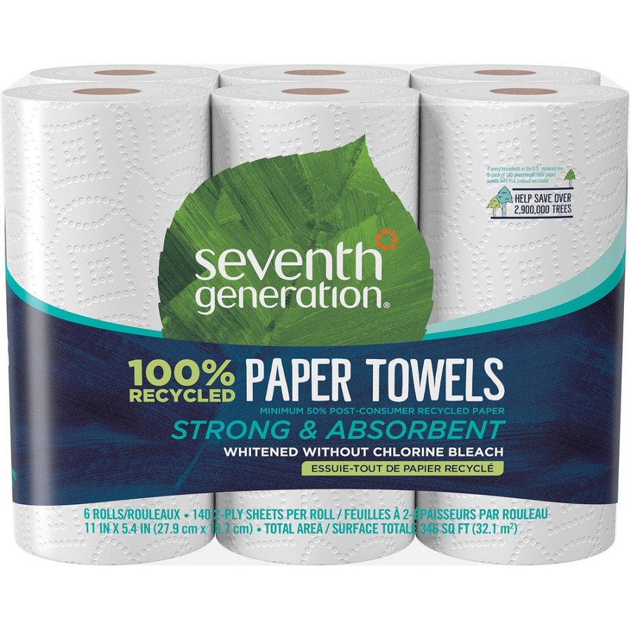 Seventh Generation 100% Recycled Paper Towels - 2 Ply - 11' Width x 5.40' Length - 140 Sheets/Roll - White - Paper - 6/Pack - 4 / Carton 