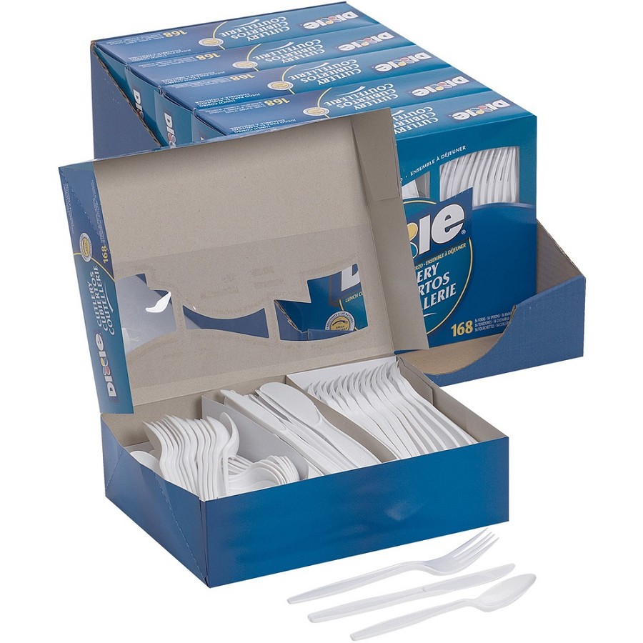 Dixie Heavyweight Disposable Forks, Knives & Spoons Combo Boxes by GP Pro - Cutlery Set - 56 x Spoon - 56 x Fork - 56 x Knife - Plastic - White - 168/Box - 6 / Carton 