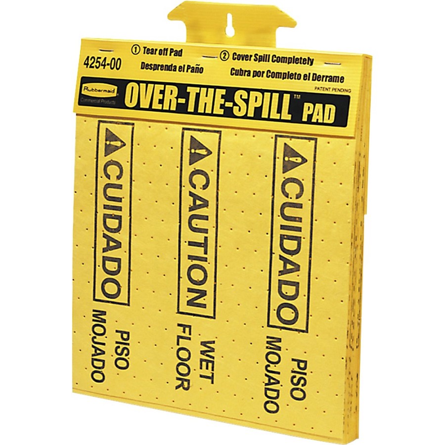 Rubbermaid Commercial Bilingual Over-The-Spill Pads - Print/Message 'Caution Wet Floor' , 'cuidado Piso Mojado' - 12.6' Width x 16.5' Height x 16' Depth - Wall Mountable - Strong, Absorbent, Portable - Plastic, Polypropylene - Yellow - 22/Pack - 12 / Cart 