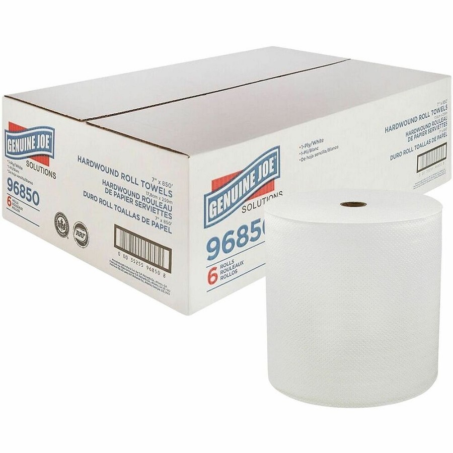 Genuine Joe Solutions Hardwound Paper Towels - 1 Ply - 7' Width x 850 ft Length - White - Virgin Fiber - 6 / Carton 