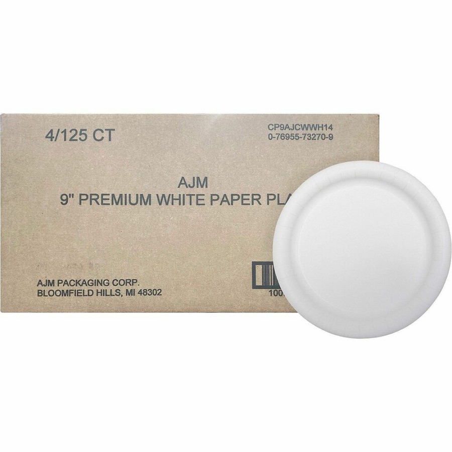 AJM 9' Dinnerware Paper Plates - Disposable - 9' Diameter - White - Paper Body - 125/Pack - 4 / Carton 