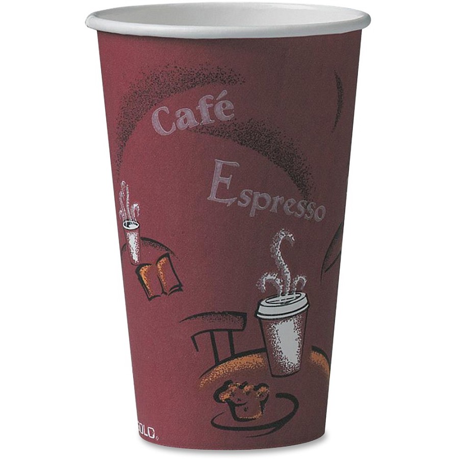 Solo 16 oz Bistro Design Disposable Paper Cups - 16 fl oz - Maroon - Polyethylene - Hot Drink, Coffee, Tea, Cocoa - 50/Pack - 20 / Carton 