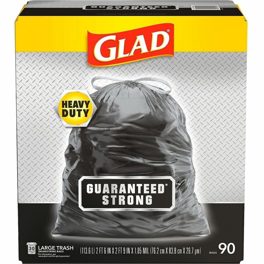 Glad Strong Large Drawstring Trash Bags - Large Size - 30 gal Capacity - 32.99' Length x 30' Width x 1.05 mil (27 Micron) Thickness - Drawstring Closure - Black - Plastic - Garbage, Indoor, Outdoor - 90 / Carton 