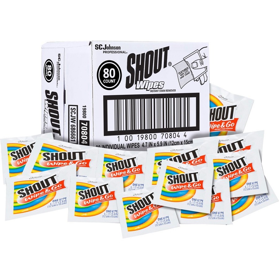 Shout Wipes Instant Stain Remover - For Clothing - 5.90' Length x 4.70' Width - Recommended For: Stain Remover - Disposable - White - 80 / Carton 