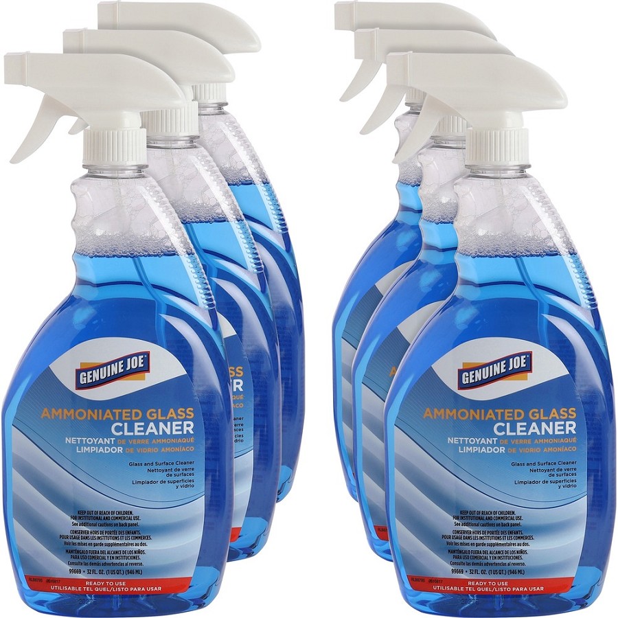Genuine Joe Ammoniated Glass Cleaner - For Hard Surface, Multipurpose - Ready-To-Use - Spray - 32 fl oz (1 quart) - Recommended For: Grease Remover, Smoke Film Remover, Smudge Remover - Blue - 6 / Carton 