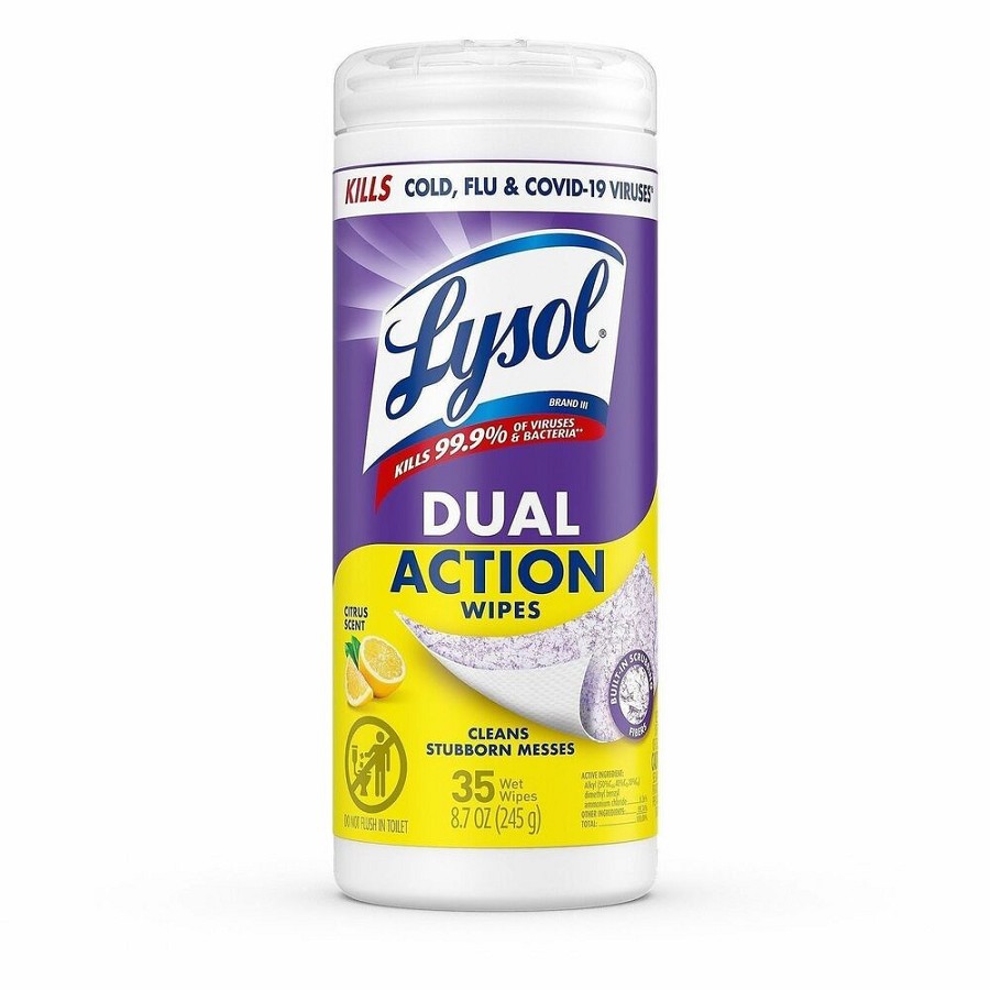 Lysol Dual Action Wipes - For Multi Surface - Citrus Scent - Recommended For: Stain Remover - White/Purple - 35/Tub - 1 Each 