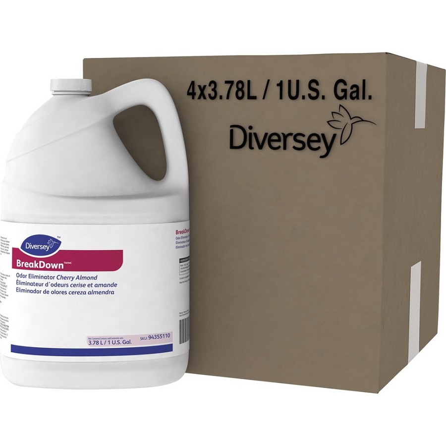Diversey BreakDown Odor Eliminator - For Multipurpose - Concentrate - Liquid - 128 fl oz (4 quart) - Cherry Almond Scent - Recommended For: Stain Remover, Odor Remover, Bacteria Remover - Red - 4 / Carton 