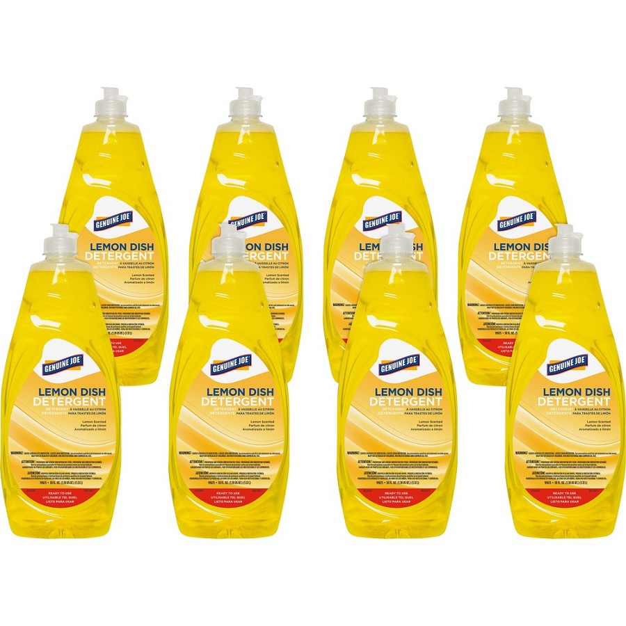 Genuine Joe Dish Detergent - For Pot - Concentrate - 38 fl oz (1.2 quart) - Lemon Scent - Recommended For: Grease Remover - Heavy Duty, Durable - Yellow - 8 / Carton 