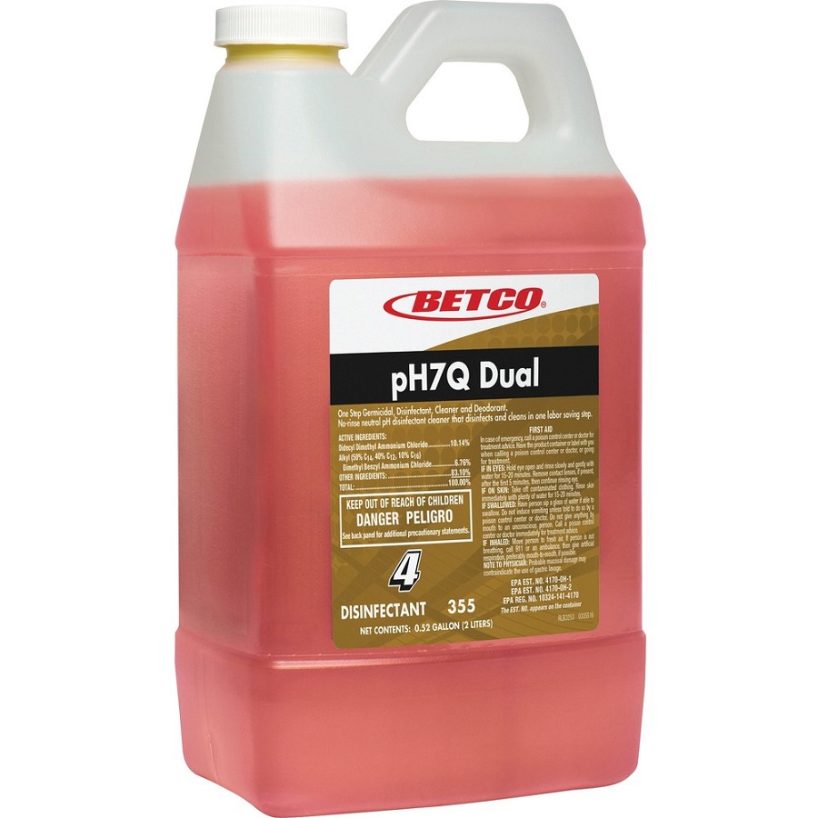 Betco pH7Q Dual Neutral Disinfectant Cleaner - Concentrate - 67.6 fl oz (2.1 quart) - Pleasant Lemon Scent - Deodorant, pH Neutral, Spill Proof - Light Amber - 4 / Carton 