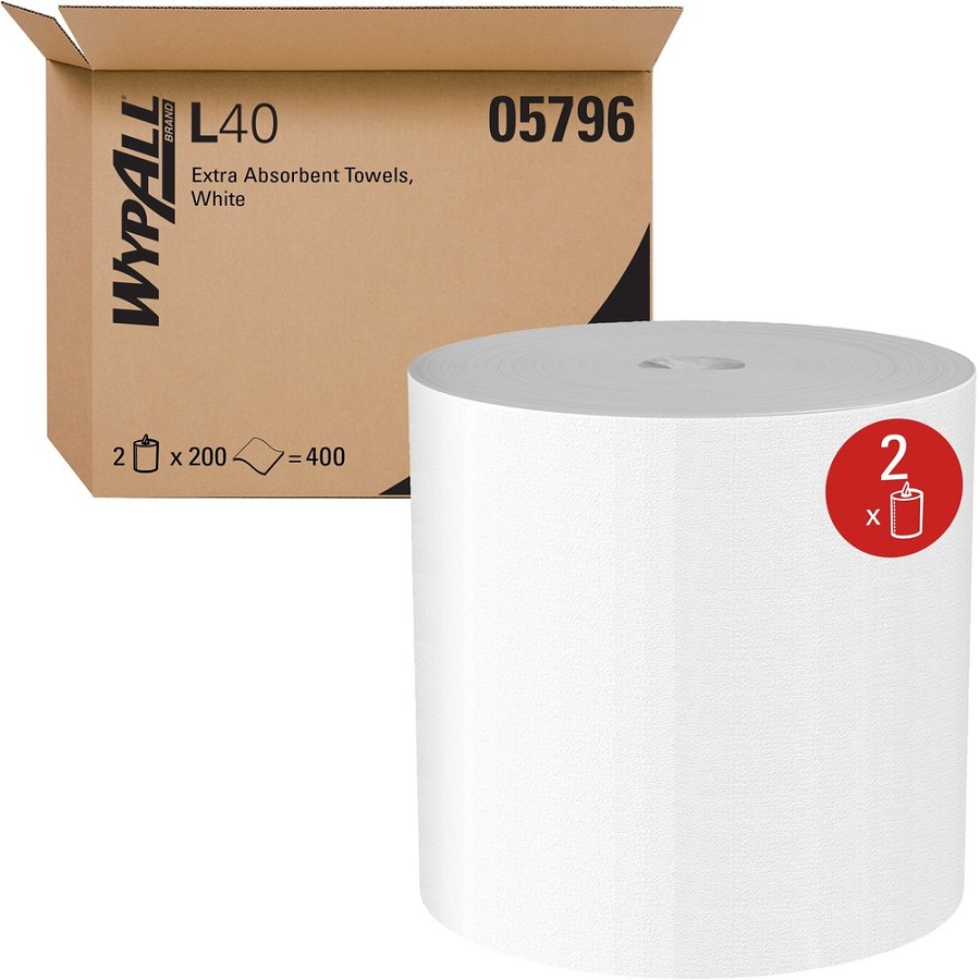 Wypall PowerClean L40 Extra Absorbent Towels - 10' Width x 13.20' Length - 200 Sheets/Roll - 400 Sheets - White - Cellulose, Plush - 1 Carton 