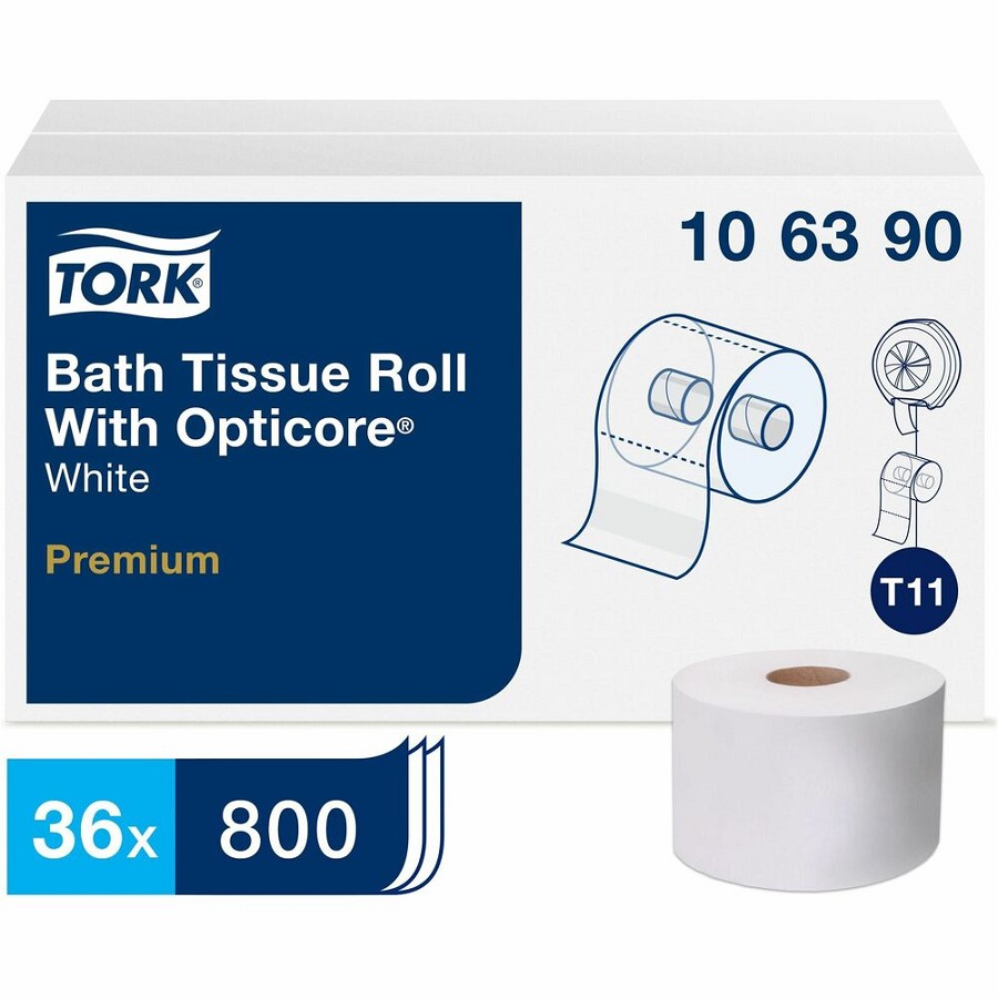 TORK Premium Bath Tissue Roll with OptiCore - 2 Ply - 3.80' Width x 266.67 ft Length - 800 Sheets/Roll - 5.60' Roll Diameter - 1 45/64' Core - Floral Embossing Pattern - White - Paper - 36 / Carton 
