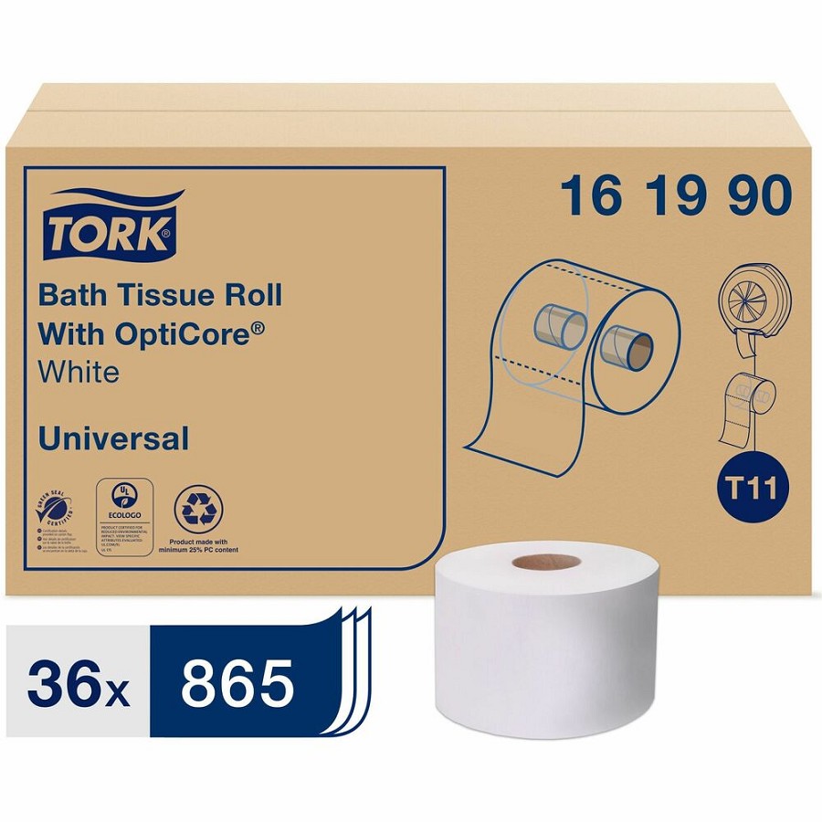 TORK Universal Bath Tissue Roll with OptiCore - 2 Ply - 3.80' Width x 288.30 ft Length - 865 Sheets/Roll - 5.60' Roll Diameter - 1 45/64' Core - White - Paper - 36 / Carton 
