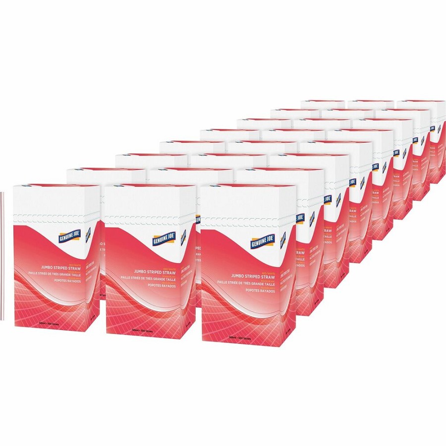 Genuine Joe Jumbo Striped Straws - 7.8' Length - Plastic - Red, White - 500/Box - 24 / Carton 