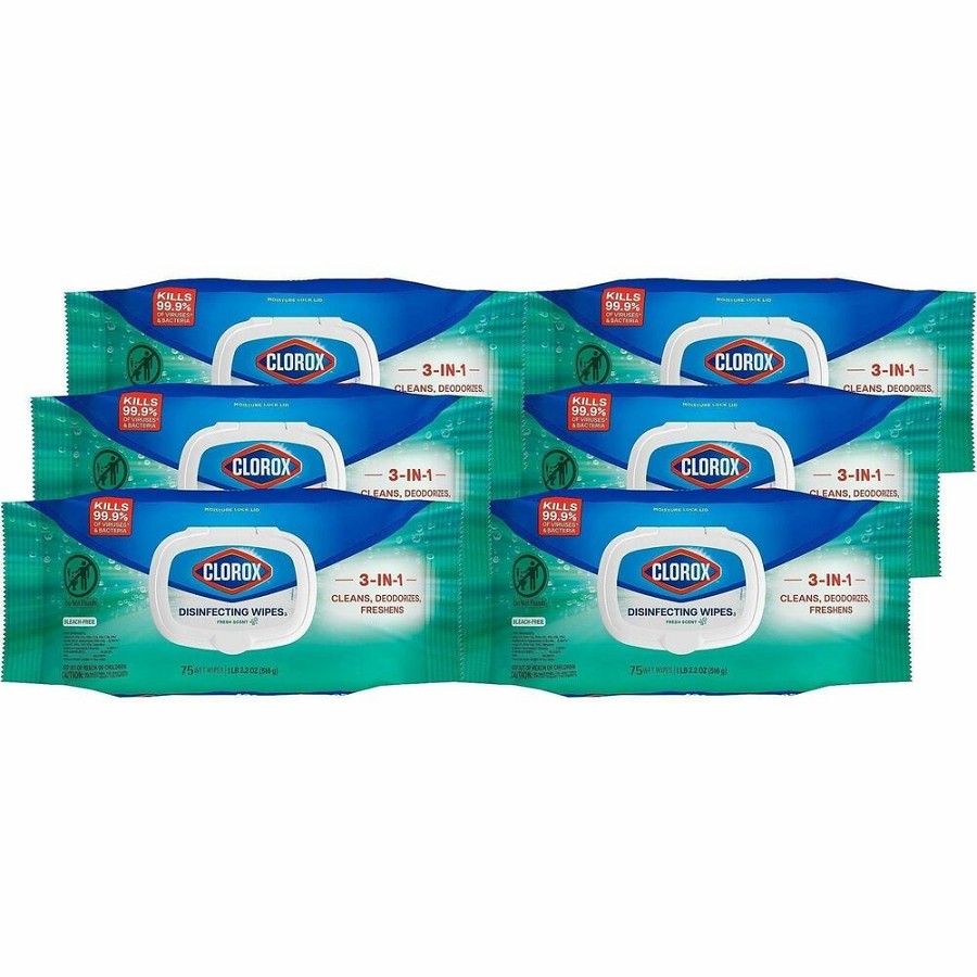 Clorox Disinfecting Cleaning Wipes Flex Pack - For Multi Surface, Multipurpose - Wipe - Fresh Scent - Recommended For: Bacteria Remover, Virus Remover, Grease Remover, Soap Scum Remover, Grime Remover - Bleach-free, Antibacterial - White - 75/Pack - 6 / C 