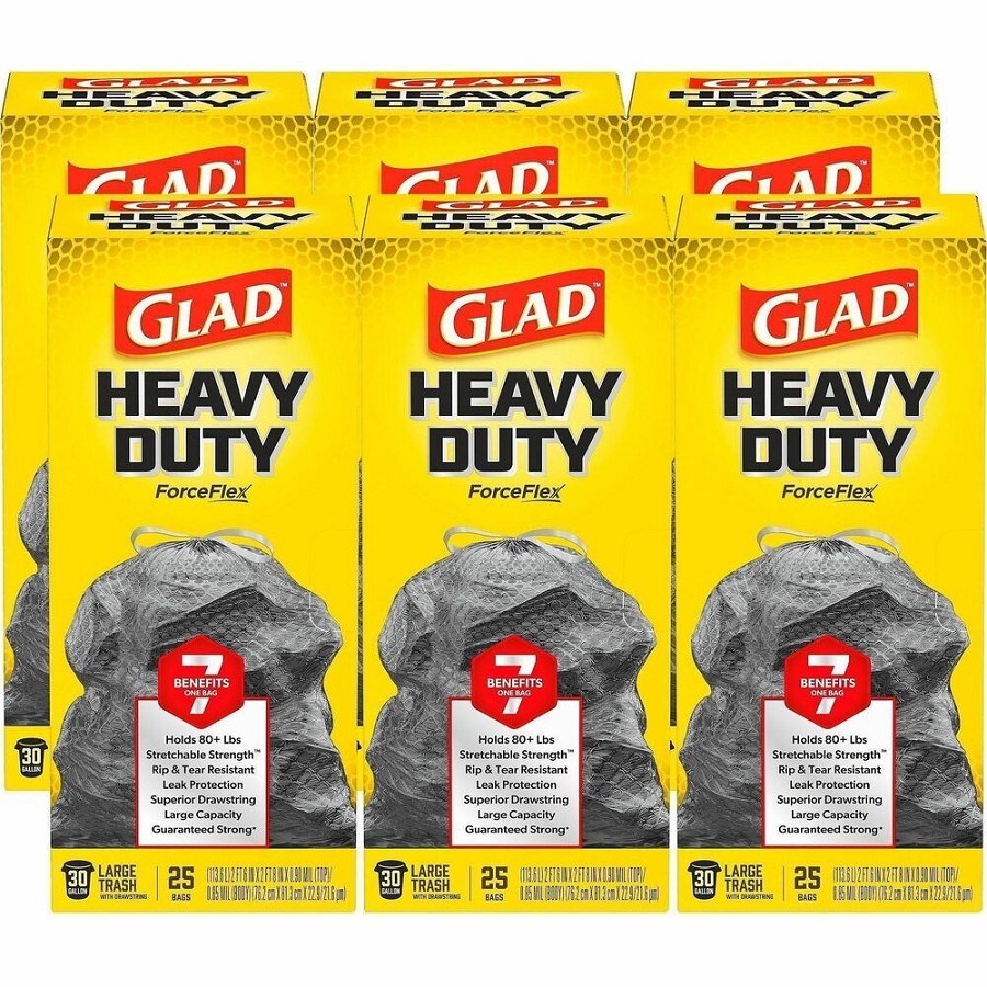 Glad ForceFlex Heavy-Duty Large Drawstring Trash Bags - Large Size - 30 gal Capacity - 0.90 mil (23 Micron) Thickness - Drawstring Closure - Black - Home, Office, Can - 25/Box - 6 / Carton 