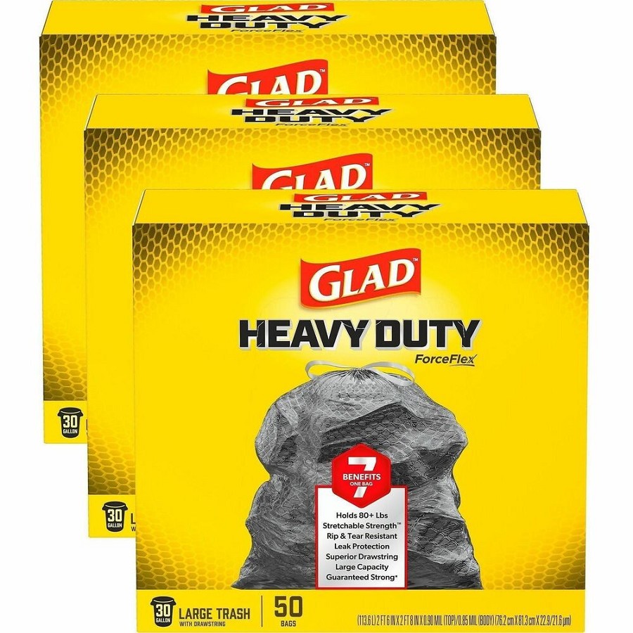 Glad ForceFlex Heavy-Duty Large Drawstring Trash Bags - Large Size - 30 gal Capacity - 32.01' Length x 30' Width x 0.90 mil (23 Micron) Thickness - Drawstring Closure - Black - Garbage, Indoor, Outdoor, Home, Office, Restaurant, Commercial - 50/Box - 3 / 