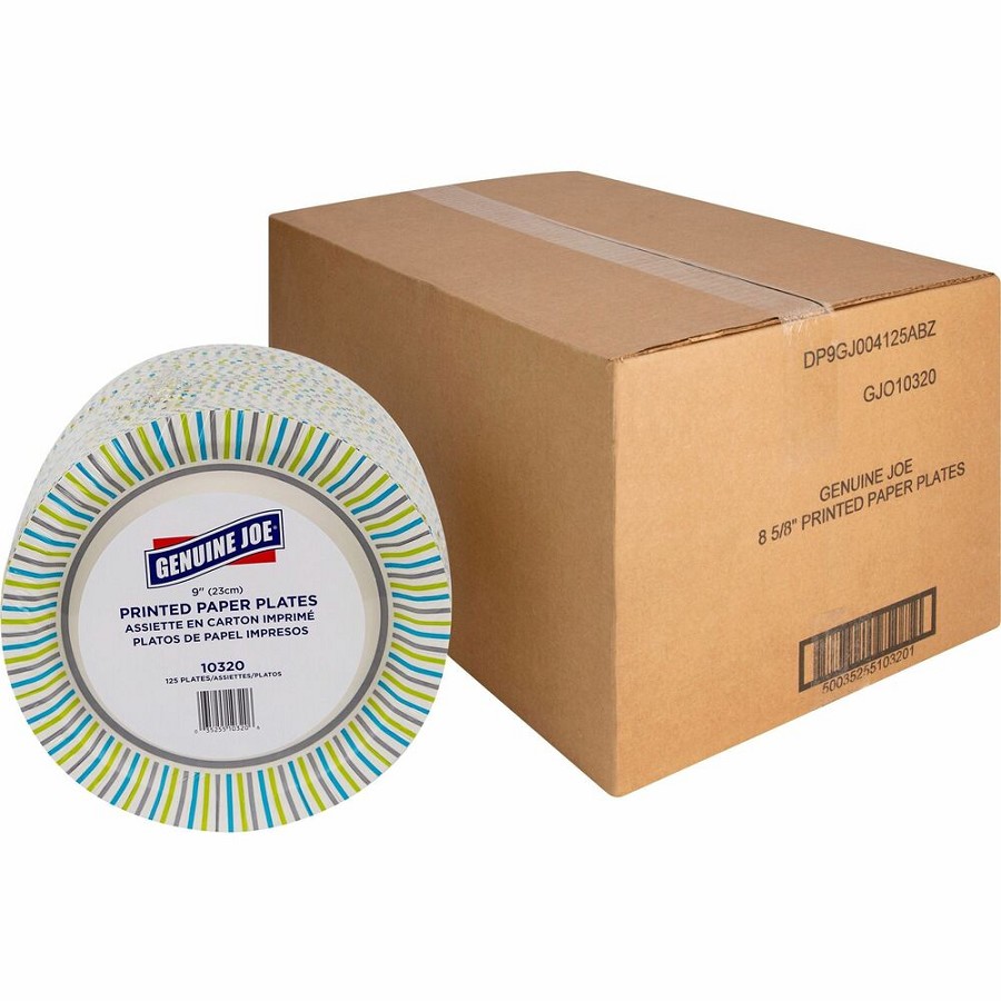 Genuine Joe 9' Printed Paper Plates - Disposable - 9' Diameter - Assorted - 125/Pack - 4 / Carton 