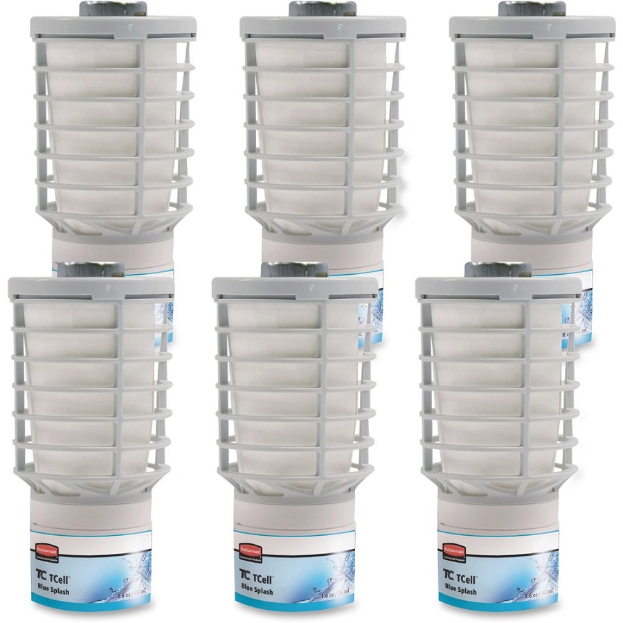 Rubbermaid Commercial TCell Odor Control Dispenser Refills - 6000 ft³ - 1.6 fl oz (0.1 quart) - Blue Splash - 90 Day - Odor Neutralizer, VOC-free - 6 / Carton 